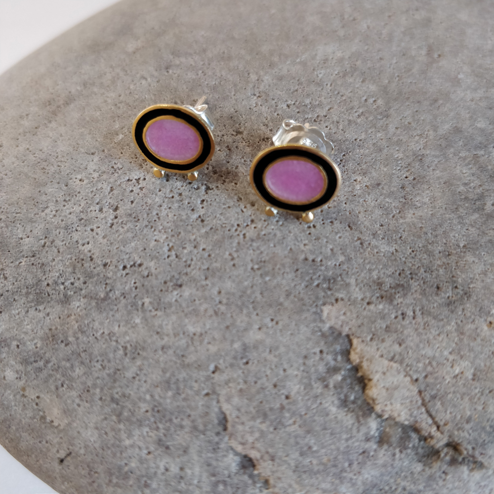 Earrings - Pink and black oval with gold balls  